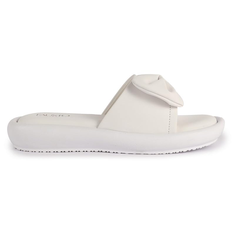 Image of FAUSTO Women Open Toe Bow Design Slip On Sliders | Extra Comfort Cushioned Insole Slippers | Classic Flat Sandals for All Day Long