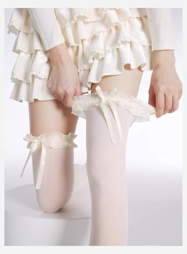 Lolita Fashion Thigh High Socks with Bow Women Girls Cosplay Over Knee High Stocking Cutecore Lace Up Frilly Socks4