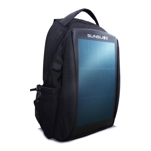 Sunslice | Mochila con panel solar para portátil, bolsa de viaje con celdas solares flexibles y potentes, resistente a impactos y arañazos, ideal para senderismo o camping, negra.