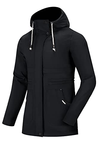 Womens Hooded Anorak Jacket Black Lightweight Long Petite Casual Full Zip Military Jackets Small #TOP25