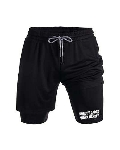 Nobody Cares Work Harder Performance Shorts，Novelty Designed Workout Shorts with Pockets, Lightweight Gym Wear for Training