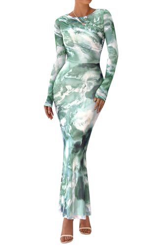 PRETTYGARDEN Women Bodycon Party Dress Long Sleeve Ruched Mesh Tight Floral Wedding Guest Dresses for Women Trendy (Floral Grey Green, Small)