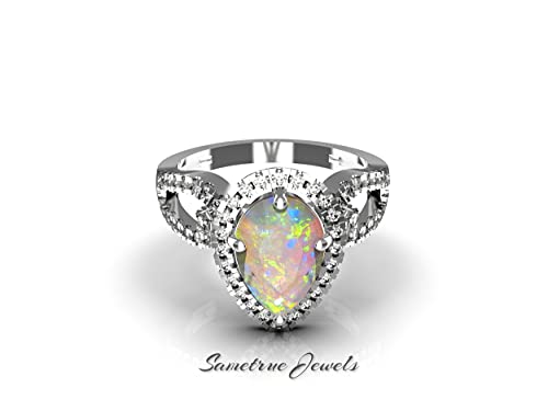 Dainty Opal Ring, 925 Sterling Silver Band Ring, Cz Diamond Ring, Genuine Pear Opal Jewelry, Stacking Ring, Bridesmaid Ring, Gift For Her (White-Gold, 4.25) #TOP3