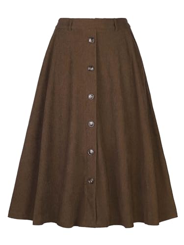 Allegra K Corduroy Skirt for Women Button Front High Waist Vintage Stretch A-Line Flared Casual Midi Skirts with Pockets