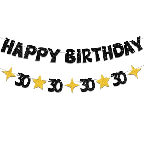 JNXCYQ Happy 30th Birthday Banner-Black Gold 30th Birthday Party Banner Glitter 30th Birthday Decorations for Her Him Pre-Strung 30 Birthday Decorations for Men Women Bday Decor Supplies