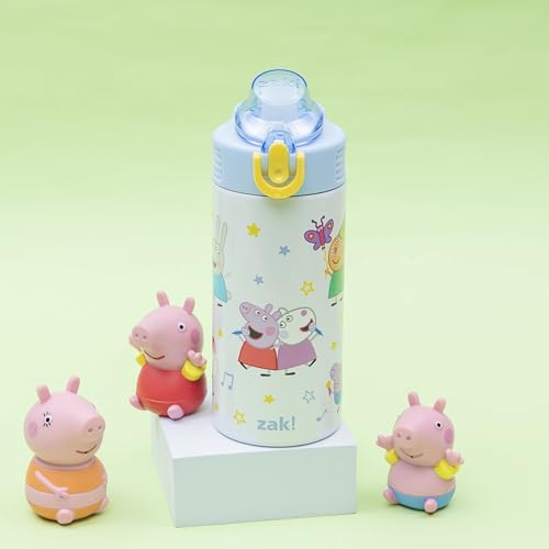 Image of Zak Designs Peppa Pig Sage Kids Water Bottle For School or Travel, 14oz Stainless Steel Water Bottle With Straw, Handle, and Leak-Proof, Pop-Up Spout Cover (Peppa & Friends)