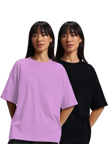 Image of JUNEBERRY Pure Cotton Drop Shoulder Oversized Baggy Fit Half Sleeve Plain Solid Round Neck Multicolor T-Shirt for Women & Girls (Pack of 2) (Sizes S-2XL)