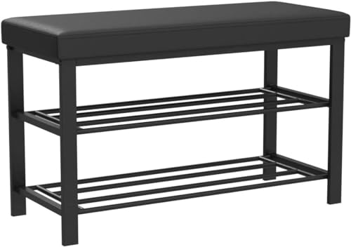 Image of Entryway Shoe Rack with Cushioned Seat, Shoe Bench for Entry, 2 Shelves Storage Faux Leather Top Bed Bench, Black