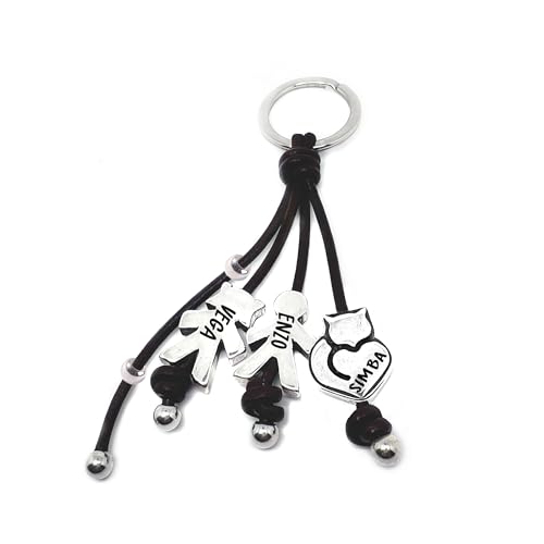 Llavero personalizado con niños y mascotas gato/perro en zamak con baño de plata y cuero | Grabado con nombre | Regalo original para padres, madres y amantes de los animales. (Llavero Triple)