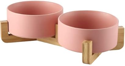2 x 400ml Double Pink Ceramic Dog Cat Bowl Food Bowl with Solid Wood Stand Food Bowl Food Bowl