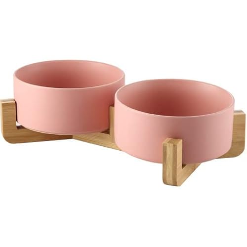 Mersjo, Ciotola in ceramica doppia rosa 2 x 400 ml, per cani, gatto, ciotola per cibo con supporto in legno massello, ciotola per alimenti