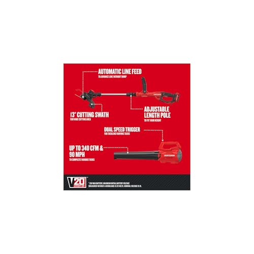 Image of CRAFTSMAN V20 Weed Wacker and Leaf Blower Cordless Combo Kit, Includes 2.0 Ah Battery and Charger, 13 in. String Trimmer and Edger, 90 Mph Blower (CMCK197D1)