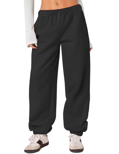 HeSaYep Womens Fleece Lined Sweatpants Thermal Winter High Waisted Sweat Pants Interior Drawstring Baggy Athletic Joggers Pants with Pockets Black M