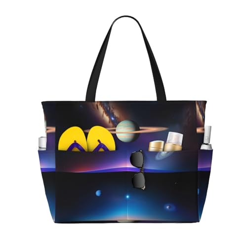 Large Capacity Beach Bag - print Waterproof Travel Bag Cosmic Saturn Multi-Pocket Tote for Vacation Gym Women