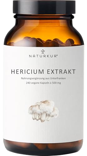 Naturkur Hericium Extrakt 500mg - 240 Kapseln im Apothekerglas - Lions Mane Löwenmähne - 30% Polysaccharide vegan ohne Zusatzstoffe hergestellt in Unterfranken