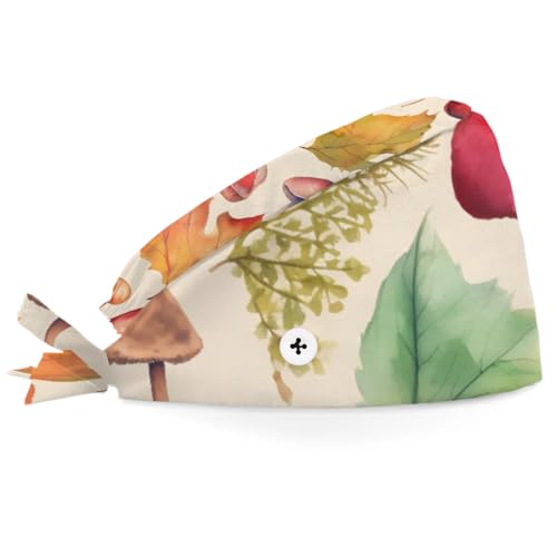 Watercolor Leaf Mushrooms Working Caps with Button Sweatband Comfortable Adjustable Bouffant Hats Work Hat for Women Men
