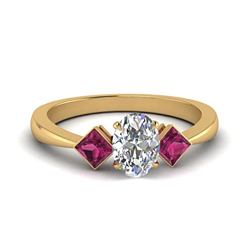 Image of Choose Your Gemstone Kite Design Diamond CZ Ring Yellow Gold Plated Oval Shape 3 Stone Engagement Rings Everyday Jewelry Wedding Jewelry Handmade Gifts for Wife US Size 4 to 12
