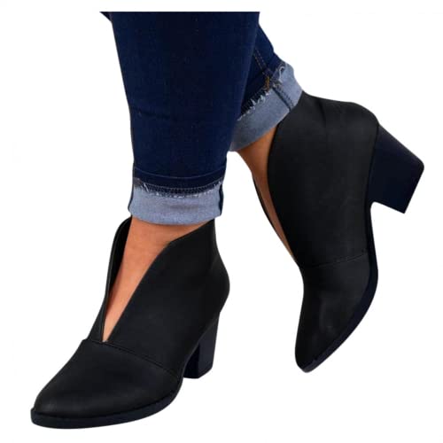 ZBYY Womens Pointed Toe Ankle Boots V Cut Back Zipper Chelsea Booties Slip On Chunky Low Heel Dressy Western Booties