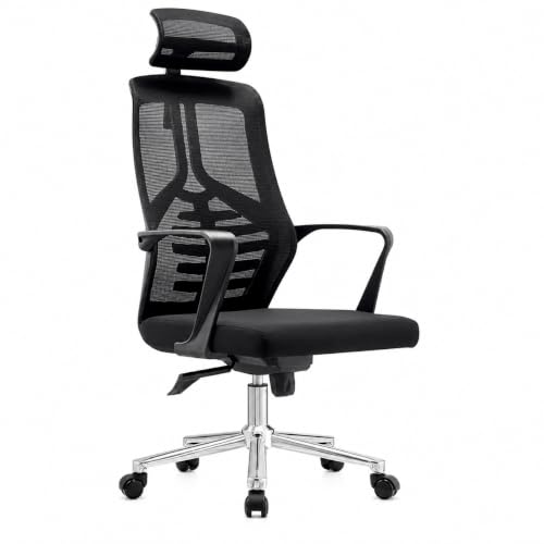 Image of Ergonomic High Back Mesh Office Chair with Headrest - Black Revolving Executive Desk Chair with Breathable Mesh Back, Fixed Armrest & Chrome Base for Home & Office