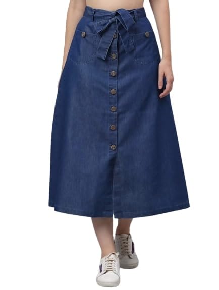 Women's Denim A-Line Midi Skirt with Button Front, Belt Tie, and Pockets, Blue-picture-15