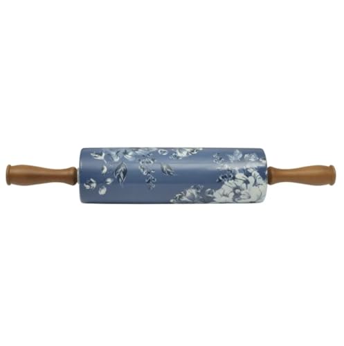 Pioneer Woman Delilah Ceramic Rolling Pin with Olivewood Handles, Blue