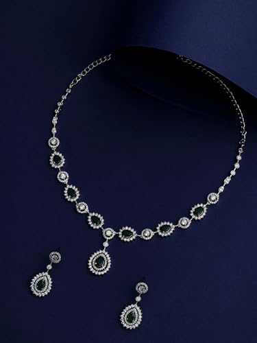 Image of ASMITTA Jewellery American Diamond Necklace Set Rhodium Plated Earrings Jewellery Set for Women & Girls