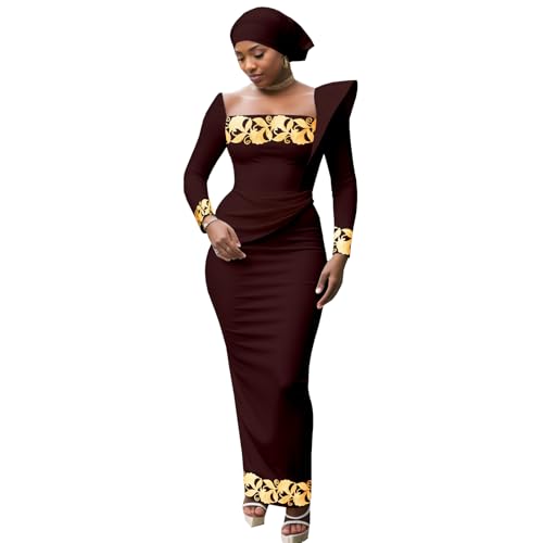 Image of African Dresses for Women High Waist Embroidery Elegant Traditional Midi Dress with Headscarf