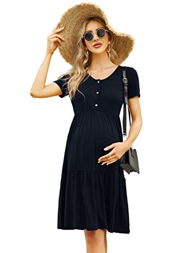 KOJOOIN Damen Umstandskleid Rundhalsausschnitt Schwangerschaftskleid Casual Rüschen Stillkleid mit Knöpfen Dunkelblau(Kurzarm) M