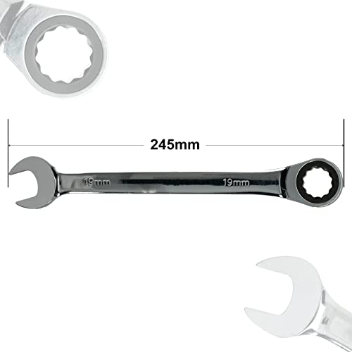 19mm Ratchet Spanner Steel Fixed Head Gear Wrench Open End & Ring (19mm), Chrome - Image 2