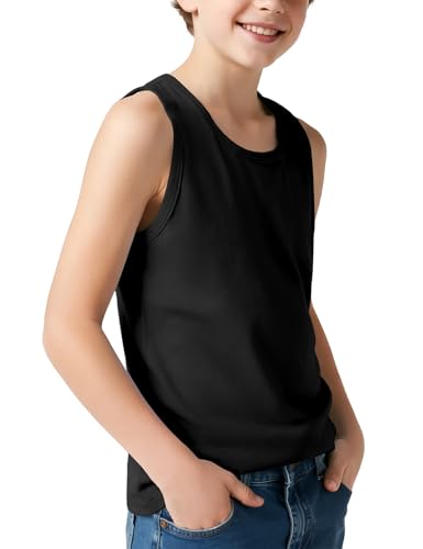 Auranso Boys Tank Tops Cotton Undershirts Crewneck Kids Athletic Sleeveless Shirt Basic Sport Workout Tops 11-12 Years Black