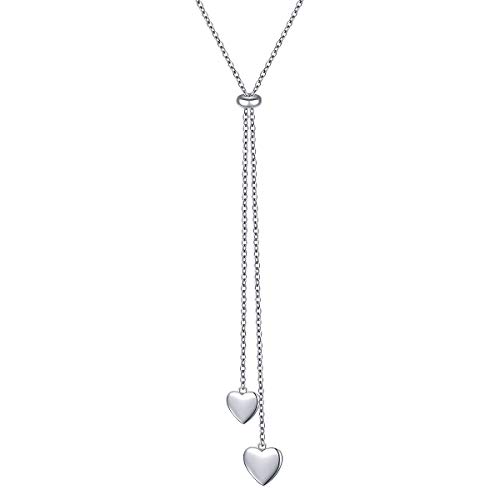 FLYOW Long Chain Dainty Lariat Necklace Simple Style 925 Sterling Silver Heart Pendant Adjustable Y Shaped Necklace Jewelry