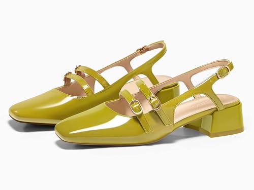 Image of Coutgo Women's Mary Jane Chunky Low Heels Slingback Pumps Closed Square Toe Wedding Dress Shoes