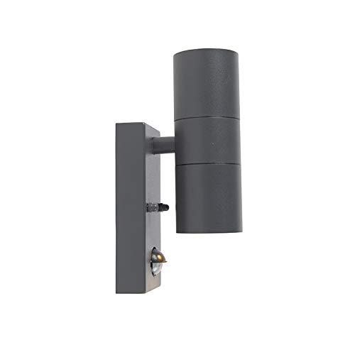 Qazqa Modern außen Wandleuchte, Außenlampe mit Bewegungssensor, Wandlampe für den Garten - Duo - Dunkelgrau, max. 35W, Geeignet für LED, 11cm, IP44, Rund, 2-flammig
