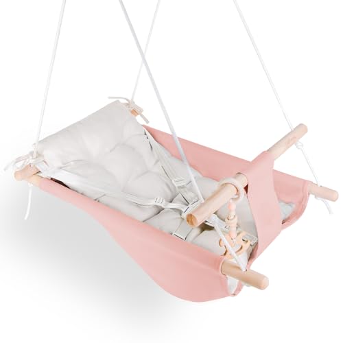 Image of Baby Swing Indoor and Outdoor, Canvas Hammock Swing for Baby to Toddler with a Comfortable Seat, Macaroon Wooden Toy, Adjustable 5-Point Harness,Gift for Baby Boys Girls, 3 Modes, Pink