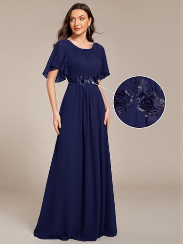 Image of Ever-Pretty Women's Classic Round Neck Pleated Short Sleeves Chiffon Appliques Floor Length A Line Formal Evening Dresses