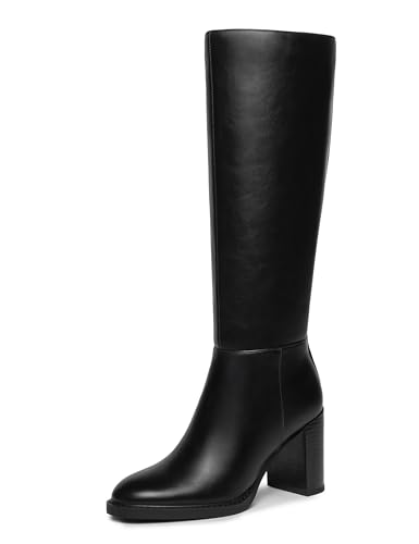 Women's Knee High Boots Square Toe Chunky Block Heel Long Boots for Women Side Zipper Comfort Tall Boots