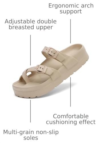Image of TIKVAW Womens Arch Support Platform Sandals Comfort Slides Thick Soles Flat Sandals With Adjustable Buckle & Ultra Cushion