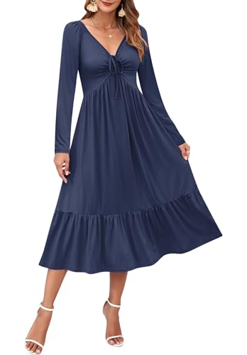 AUSELILY Womens Long Sleeve Dress 2025 V Neck Fall Dresses Casual Drawstring Empire Waist Midi Dress