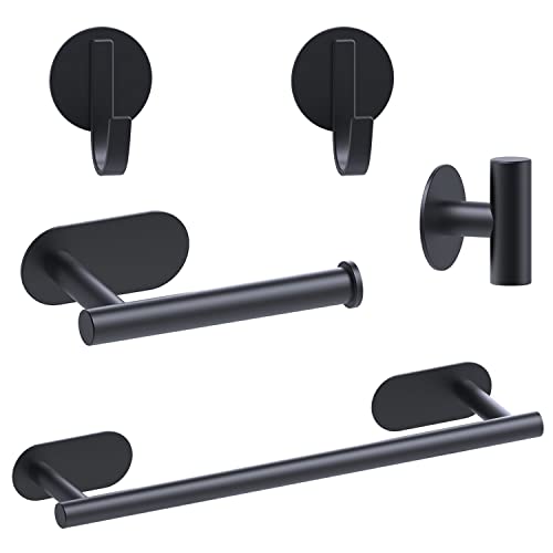 HMOREY 5 Set di Portasciugamani in Acciaio Inossidabile Nero Opaco Include Portasciugamani Gancio Multifunzionale Porta Carta Igienica Portasciugamani Autoadesivo per Bagno Camera da Letto Cucina