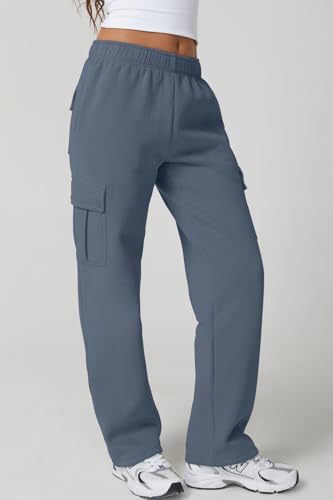 Image of QINSEN Baggy Medium Waist Elastic Sweatpants for Womens Casual Long Fleece Cargo Pants with Pockets