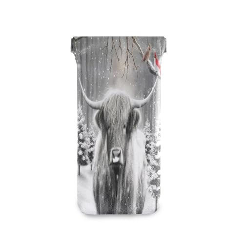 FLildon Christmas Highland Cow Grey Eyeglasses Pouch Squeeze Top Sunglasses Case Soft PU Leather Eyeglass Bag for Men Women