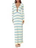 Picture of Saodimallsu Womens Crochet Summer Maxi Dress Striped Sexy Cut Out V Neck Long Sleeve Knit Cover Up Beach Dresses Light Blue
