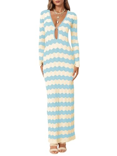 Saodimallsu Womens Crochet Summer Maxi Dress Striped Sexy Cut Out V Neck Long Sleeve Knit Cover Up Beach Dresses Light Blue