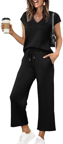 Saloogoe Two Piece Sets for Women Summer Outfits Lounge Sets V Neck Tops Wide Leg Pants Woman Vacation Travel Outfits