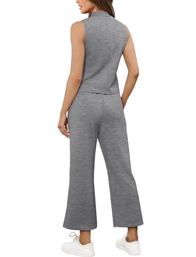 Image of SAMPEEL Two Piece Sets for Women Summer Outfits Lounge Sets Mock Neck Tops Wide Leg Crop Pants Vacation Travel Outfits