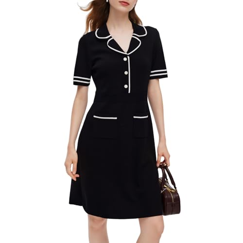 Women's Knit Mini Dress Lyocell Black White Contrast Trim Short Sleeve Dresses for Teachers Work 50s Sweater Dress