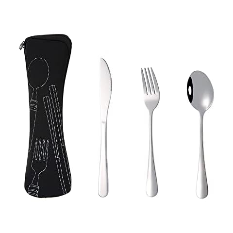 Travel Cutlery Set with Case, Portable Camping Cutlery Set for Kids Adult Travel Picnic Camping or Daily Use, Stainless Steel Outdoor Camping Travelling Picnic Hiking Black Cutlery Cover