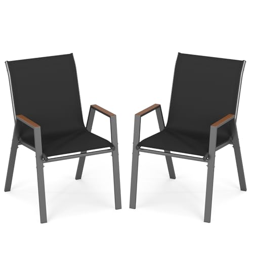 COSTWAY Lot de 2/4 Chaises de Jardin Exterieur, Fauteuils Empilable, Charge 180 kg, Tissu Respirant, Structure en Métal, Chaise Exterieur pour Jardin Cour...