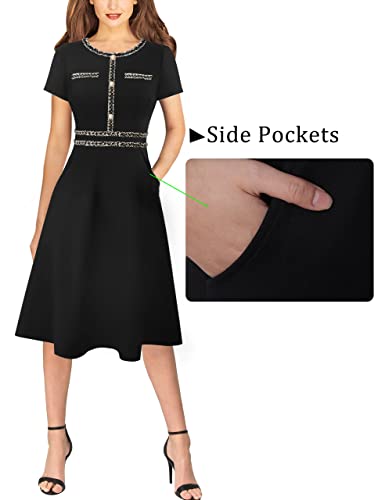 VFSHOW Womens Button Pockets Slim Wear to Work Office Business Party Patchwork A-Line Dress2