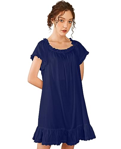 Image of Nanxson Women's Cotton Nightgown Short Sleeve Sleepwear Vintage Nightshirt | Summer Victorian Sleepdress,White Sleepshirt,U Neck Lace Loungewear,Soft Nightshirt,Loose Loungedress,Bride Nightwear
